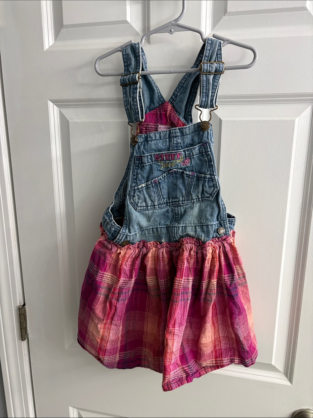 Denim Bib Overalls Dress with Pink Plaid Skirt - Kids